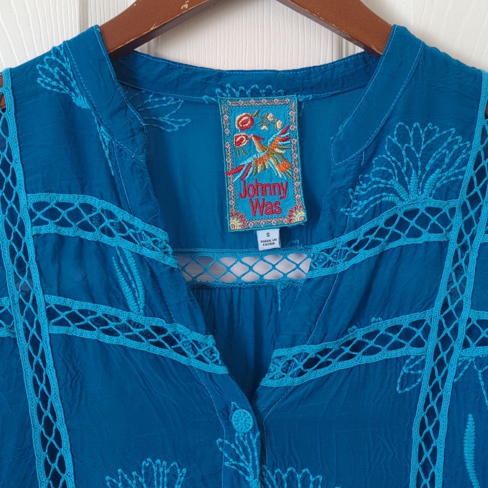 Johnny Was Daisy Peia Boho Floral Embroidered Cupra Rayon Tunic Blouse Blue S - Picture 2 of 12